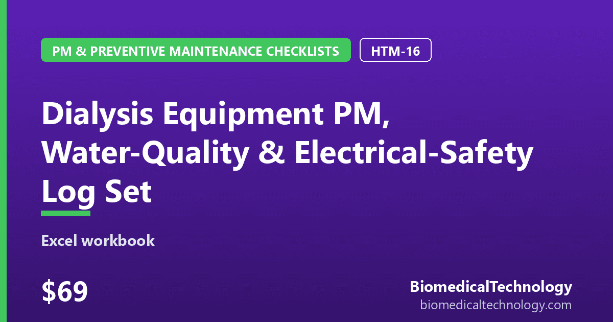 Preview of Dialysis Equipment PM, Water-Quality & Electrical-Safety Log Set